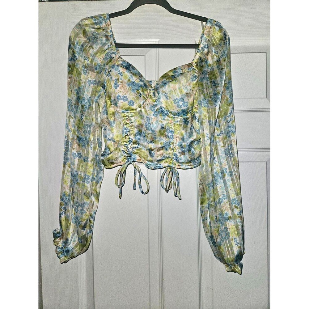 Madden Floral Bustier Crop Top Womens M Blue Green Ruched Long Sleeve Y2K